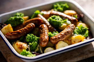 Sausage, Roastie & Mushy Pea Traybake | Pipers Farm Recipe | Family Favourites | Feed The Family | Sustainable, Seasonal Food