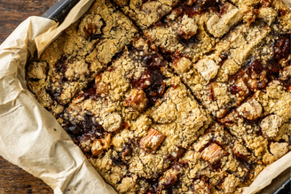 Rhubarb & Jam Crumble Bars, by Abby Allen | Pipers Farm Recipe | Sustainable Seasonal Eating | Artisan Food Delivered Direct To Your Door | Picnic Ideas & Inspiration | Hodmedods Oats Gilchesters Flour Quickes Butter Small Batch Fruit Jam