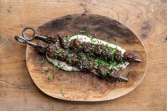 Fire-Cooked Ox Heart Skewers with Labneh, by Tell Tale Food