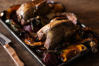 Pigeon with Roasted Plums, Pumpkin, Red Onion & Crispy Sage Leaves