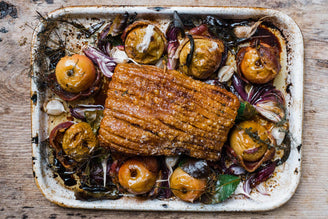Roast Pork Belly with Baked Apples, by Gill Meller