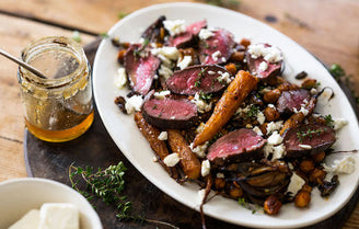 Venison Steaks with Honeyed Root Veg, Spiced Chickpeas & Sheeps’ Cheese