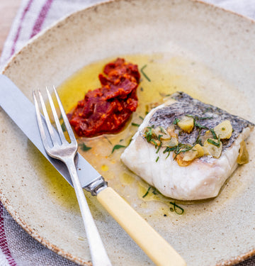 Hake Cooked Basque Style with Garlic & Sauce Romesco, by Mitch Tonks