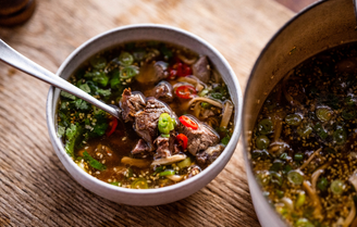 Spiced Beef Broth with Chilli, Sesame, Ginger, Tamari & Noodles, by Gill Meller