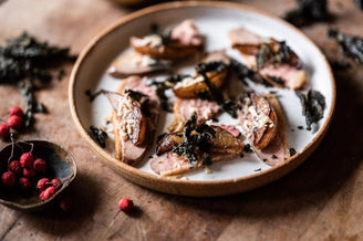 Home Smoked Duck with Crispy Kale & Pears