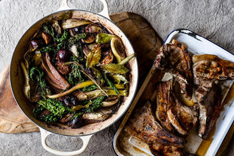 Grilled Pork Chops, Roasted Figs, Fennel & Cavolo Nero, by Ben Tish