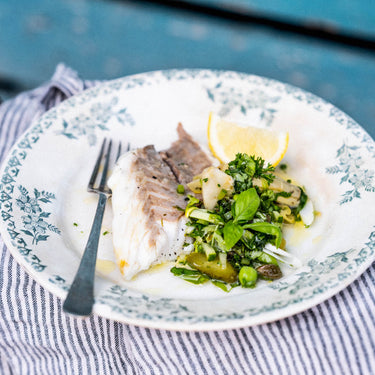 Roasted Sea Bass with Salsa Primavera, by Mitch Tonks