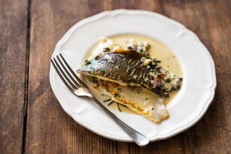 Plaice with Cream, Rosemary, Anchovies, Capers, Chilli & Garlic, by Gill Meller. Gill Meller Fish Recipes. Seafood Recipes. Sustainable Seafood. Plaice Recipes