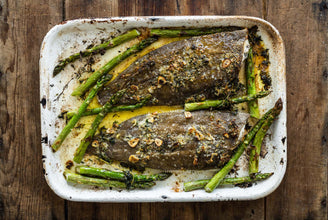 Wood Oven Roast Dover Sole with Asparagus, Thyme, Lemon & Butter Recipe. Gill Meller fish recipes. Sustainable Fish. Wood Oven Recipes