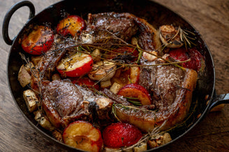 Roast Mutton Chops with Celeriac & Plums, by Gill Meller