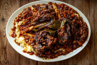 Slow Cooked Cull Yaw Mutton Shanks in Red Wine with Bashed Swede, by Gill Meller
