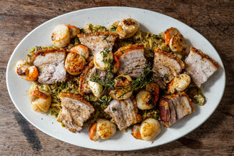 Seared Scallops with Creamed Sprouts, Roast Pork Belly & Crackling, by Gill Meller | recipe