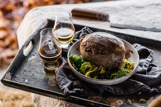 Homemade haggis with glasses of Dartmoor whisky