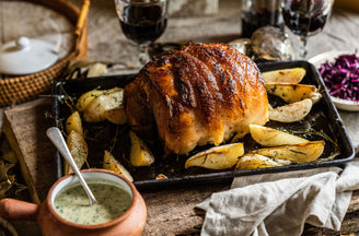 Glazed Gammon with Roasted Pears, Red Cabbage Slaw & Black Pepper Cream Sauce