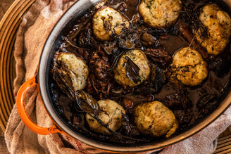 Beef Stew & Tarragon Dumplings with Pickled Walnuts & Shallots