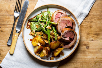 Lamb Loin with New Potatoes, Asparagus, Wild Garlic & White Bean Purée