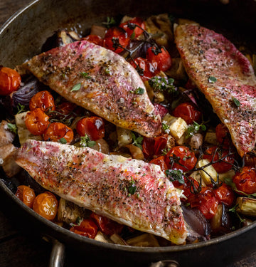 Roasted Red Mullet Fillets with Cherry Tomatoes, Aubergines & Thyme