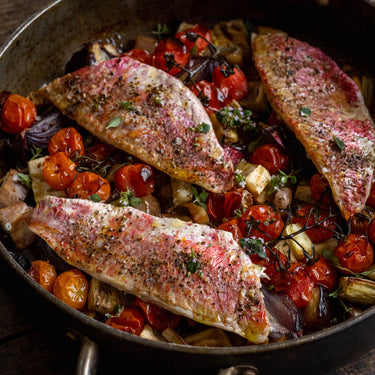 Roasted Red Mullet Fillets with Cherry Tomatoes, Aubergines & Thyme