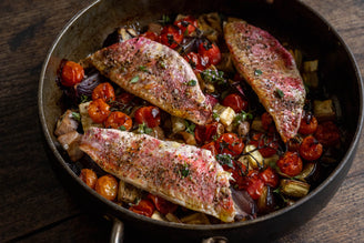 Roasted Red Mullet Fillets with Cherry Tomatoes, Aubergines & Thyme