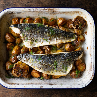 Roast Wild Sea Bass with New Potatoes & Garlic