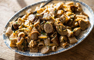 Sausage & Caramelised Onion Pasta with Cream, Mustard & Parsley