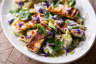 Smashed Cucumber, Halloumi & Tahini Dressed Salad, by Abby Allen | Pipers Farm Recipes | Seasonal Sustainable Eating Inspiration | Veggie Vegetarian