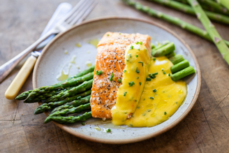 Trout with Asparagus & Crow Garlic Hollandaise, by Hannah Thomas of Herbs & Wild | Pipers Farm Recipe | Seasonal Recipes Using Foraged Ingredients Wild Garlic