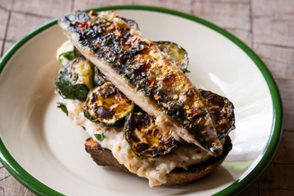 Mackerel with Grilled Courgettes & Smashed Beans on Toast