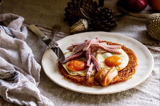 Bacon Fat Rosti with Fried Eggs, Pulled Gammon & Spiced Apple Ketchup by Thom Bateman
