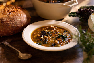 Homemade Tuscan Sausage & Kale Soup Recipe, Served With Fresh Sourdough, Perfect For Cold Winter Evenings