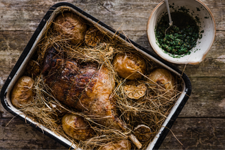 Roast Mutton Cooked in Hay with Baked Potatoes, Garlic & Green Herb Sauce | Pipers Farm Recipe | Sustainable Seasonal Food | Pipers Farm Cookbook