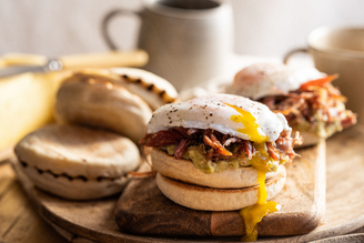 English Muffins with Peas Pudding, Crispy Ham Hock & Eggs | Pipers Farm Recipe