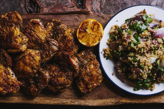Zingy Lemon Chicken Thighs with Charred Onion & Quinoa Salad | Pipers Farm Recipe