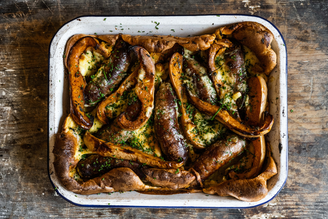 Toad in the Hole with Baked Squash, Cumberland Sausages & Cheddar, with Onion Gravy | Pipers Farm Cookbook Recipe