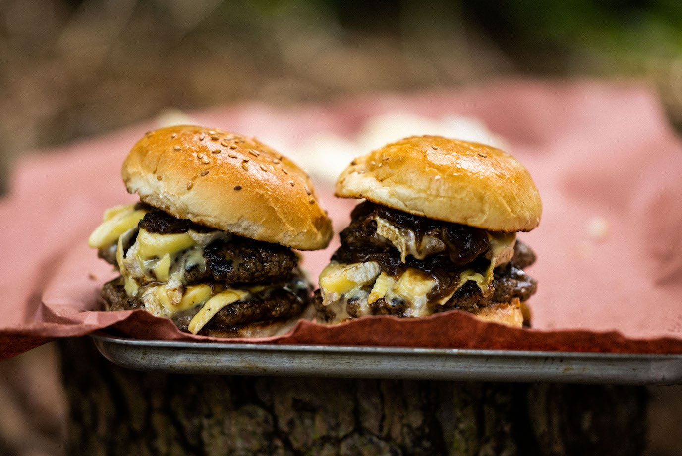 Beef & Bone Marrow Burger with Tunworth & Sticky Stout Onions Pipers Farm