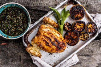 Spatchcocked Lemon and Garlic Chicken Breast with Chimichurri and Burnt Citrus Fruits